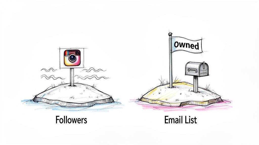 Two islands showing a contrast: Instagram followers (not owned) versus an owned email list.