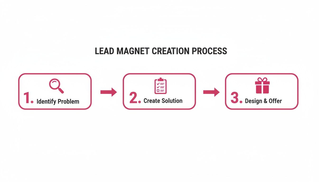 A flowchart outlining the lead magnet creation process in three steps: identify problem, create solution, and design offer.