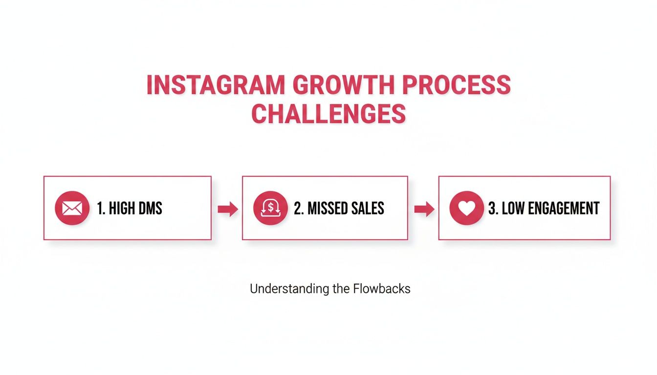 Flowchart illustrating Instagram growth challenges: high DMs, missed sales, and low engagement process.