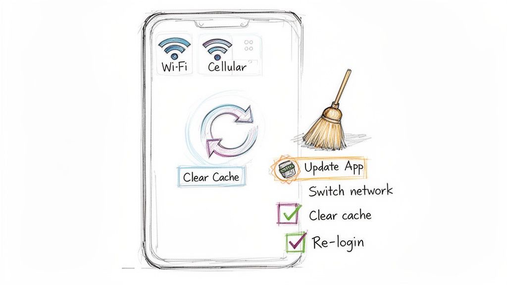 Hand-drawn smartphone displaying app troubleshooting steps like clearing cache, updating, switching network, and re-login.