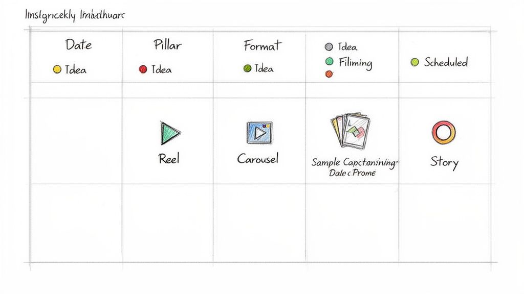 A handwritten social media content calendar grid planning various content formats and statuses.