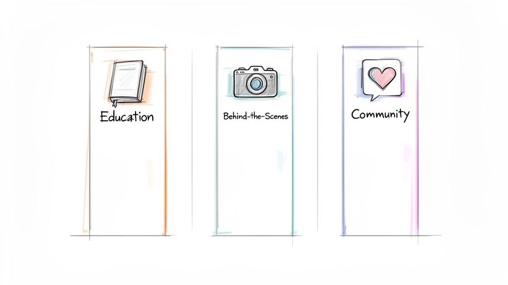 A hand-drawn sketch illustrating three content pillars: Education, Behind-the-Scenes, and Community.