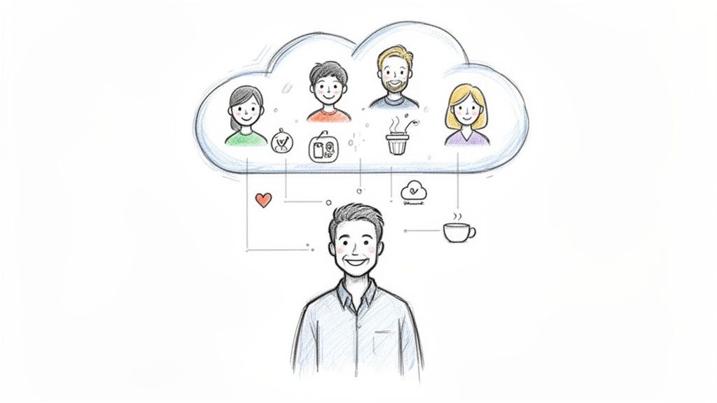 A smiling man with a cloud above his head, showing diverse people and connection icons.