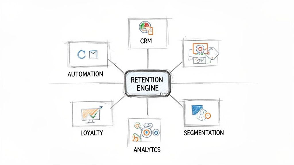A hand-drawn diagram illustrating a 'RETENTION ENGINE' connected to CRM, Automation, Loyalty, Analytics, and Segmentation components.