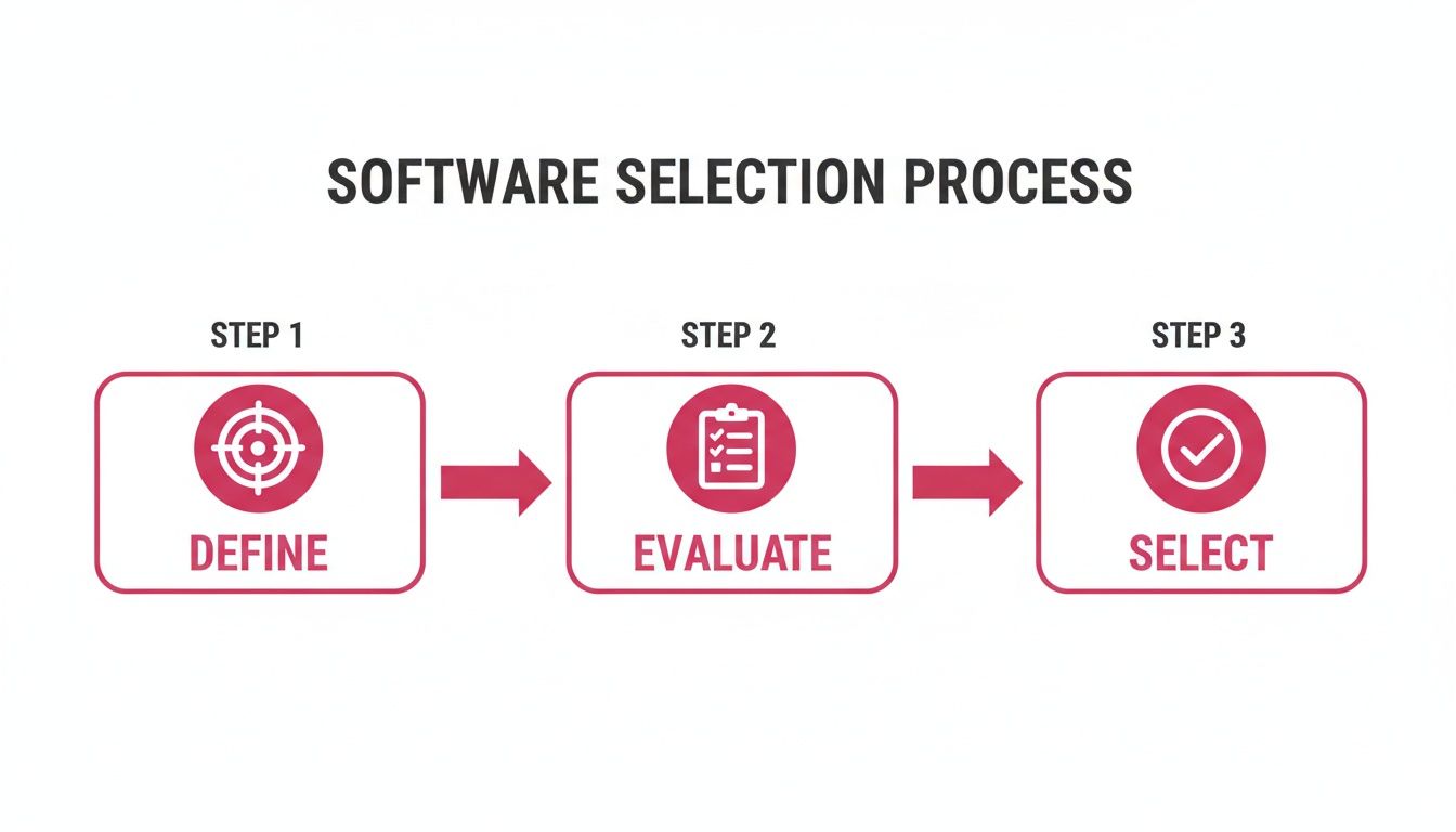 A flowchart illustrating the software selection process with three clear steps: Define, Evaluate, and Select.