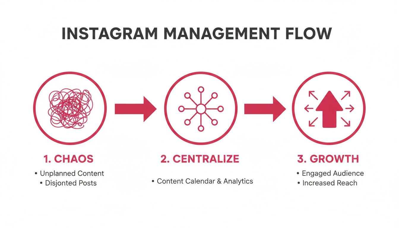 Diagram illustrating the Instagram management process from chaos to centralized planning and finally growth.