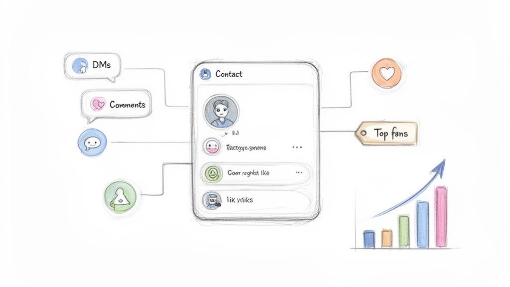 A sketch illustrating social media contact management with DMs, comments, top fans, and growth analytics.
