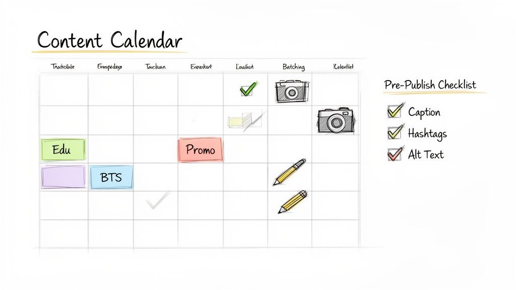 A hand-drawn content calendar grid with various content types, showing a workflow for content creation and a pre-publish checklist.