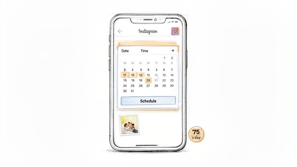 A smartphone displays the Instagram app with a calendar for scheduling posts, highlighting dates.