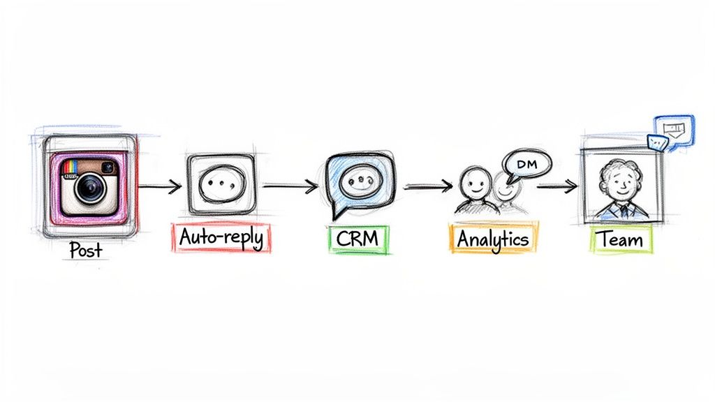 A diagram illustrating the workflow from an Instagram post to auto-reply, CRM, analytics, and a team.