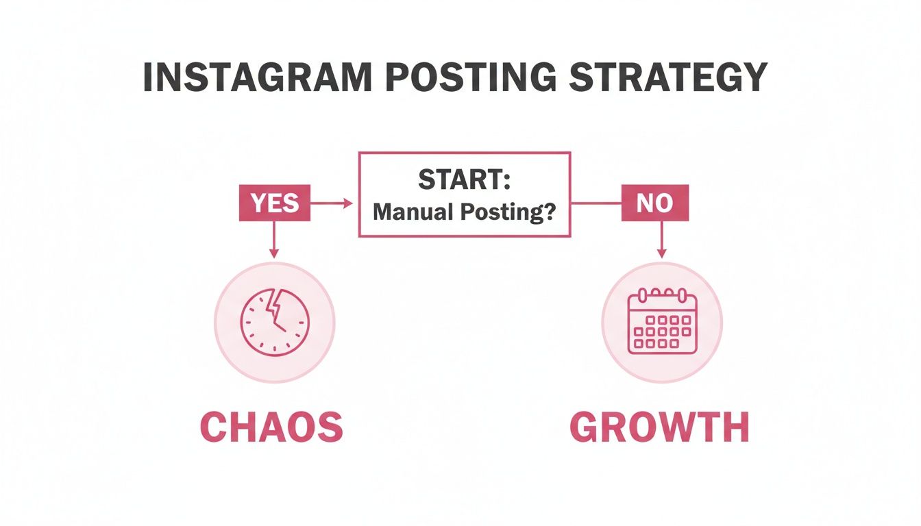 Flowchart showing Instagram posting strategy: manual posting leads to chaos, while scheduled posting leads to growth.
