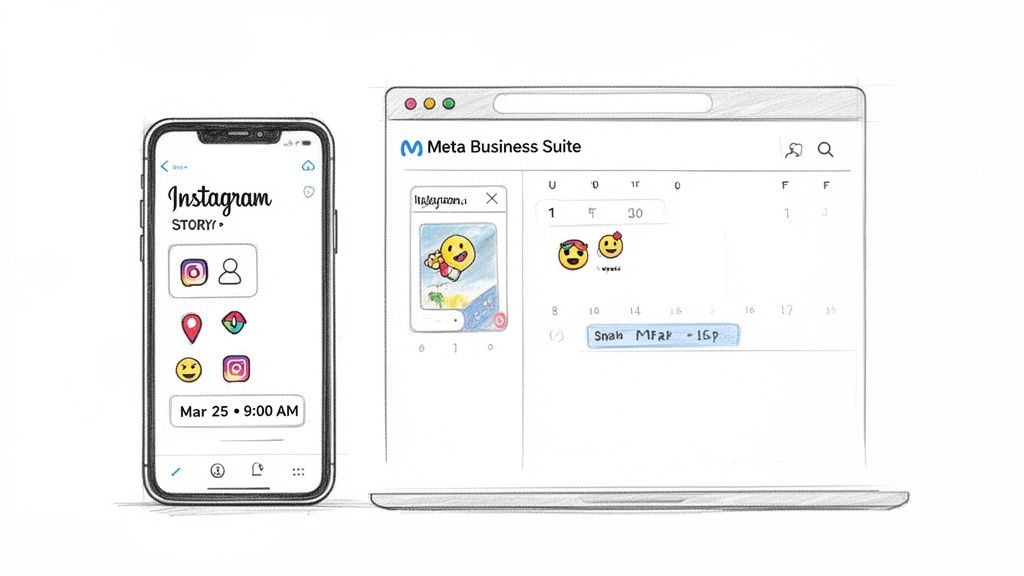 A smartphone displays an Instagram Story interface next to a laptop showing Meta Business Suite for scheduling social media posts.