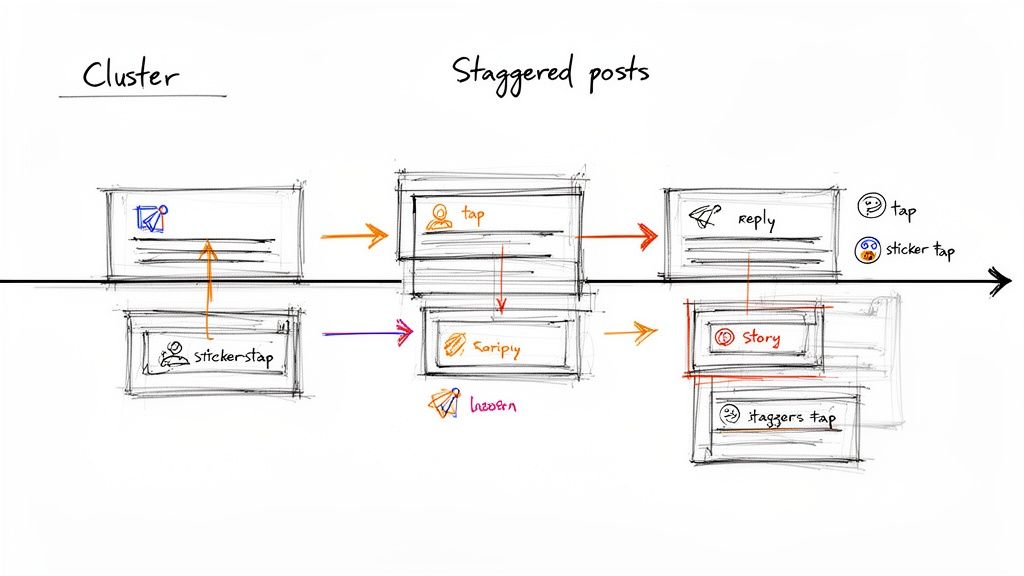 Hand-drawn sketch illustrating a workflow for staggered posts with actions like tap, reply, and story creation.