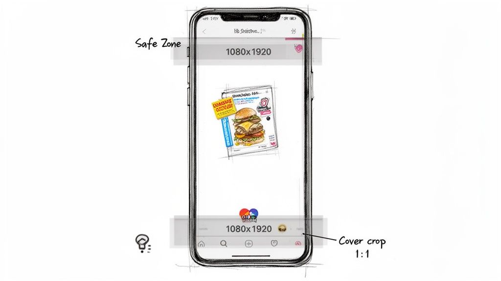 Sketch of a smartphone displaying optimal image sizing and safe zones for Instagram stories.