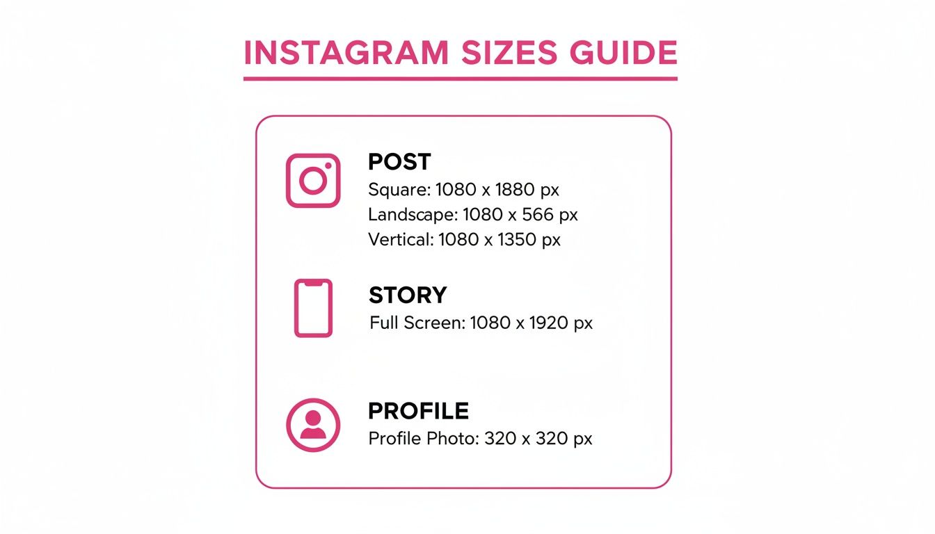 A visual guide outlining optimal image and video sizes for various Instagram content types, including posts, stories, and profile photos.