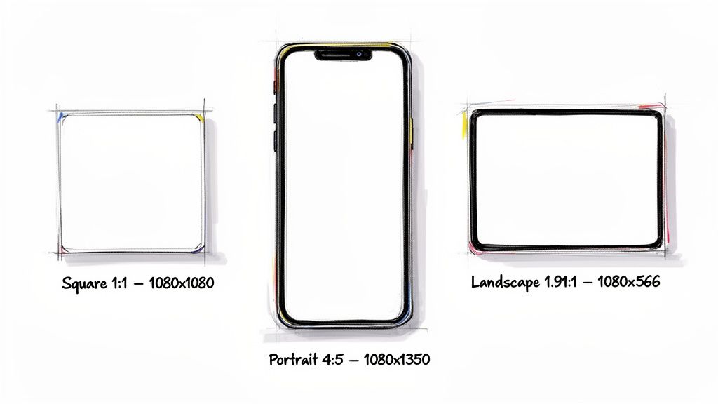 Sketched image sizes for social media posts, showing square, portrait, and landscape aspect ratios.