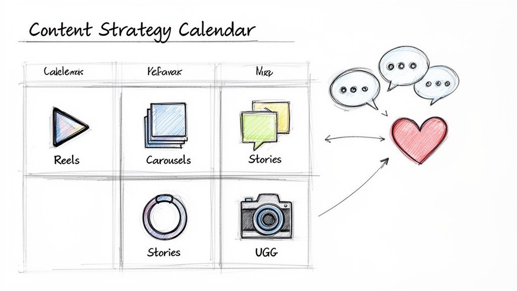 A content strategy calendar showing various content types like Reels, Carousels, and Stories, with an engagement diagram.