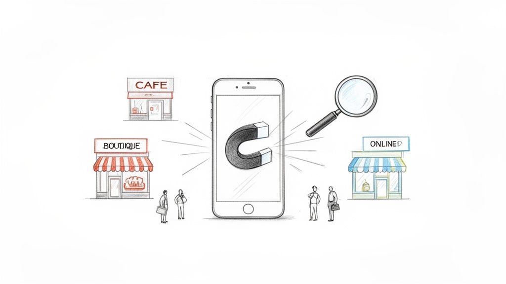 A smartphone with a magnet attracts customers to a cafe, boutique, and online store, illustrating mobile marketing.