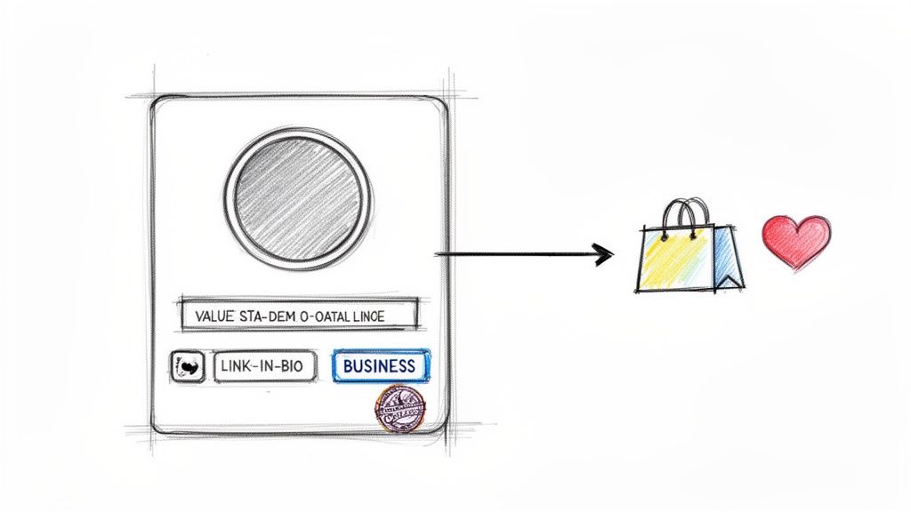 Hand-drawn diagram of an Instagram profile with 'BUSINESS' and 'LINK-IN-BIO' buttons leading to a shopping bag and heart.