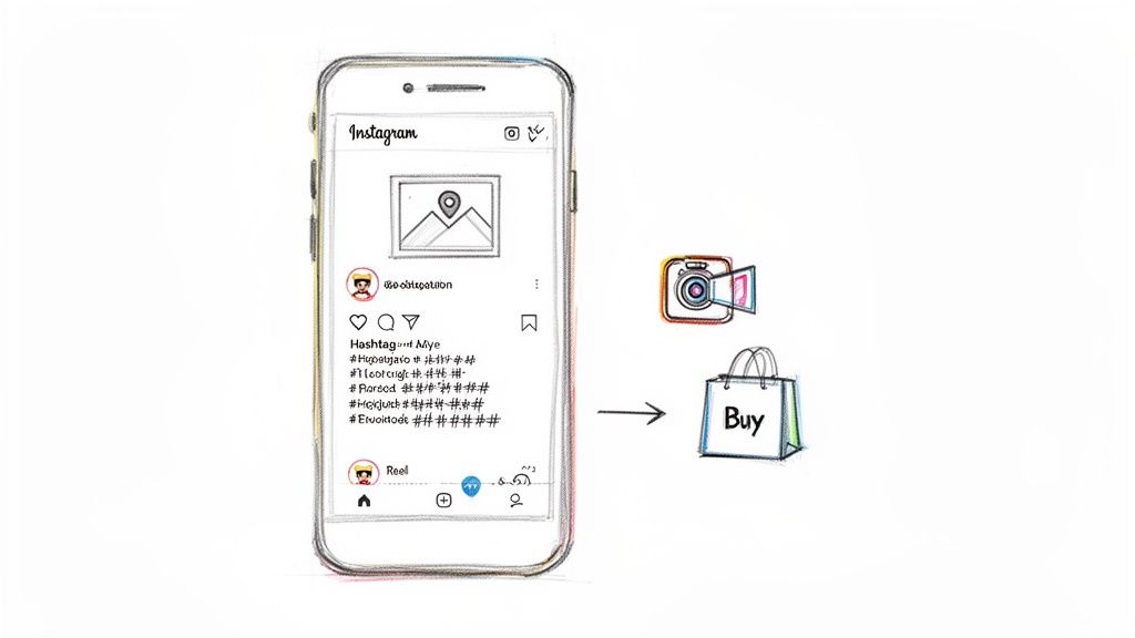 Illustration: Instagram app on a phone, showing posts, leading to a camera icon and a 'Buy' shopping bag.