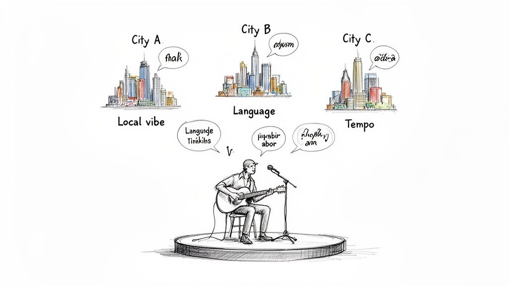 A musician plays guitar on stage, with three cityscapes above illustrating local vibe, language, and tempo differences.