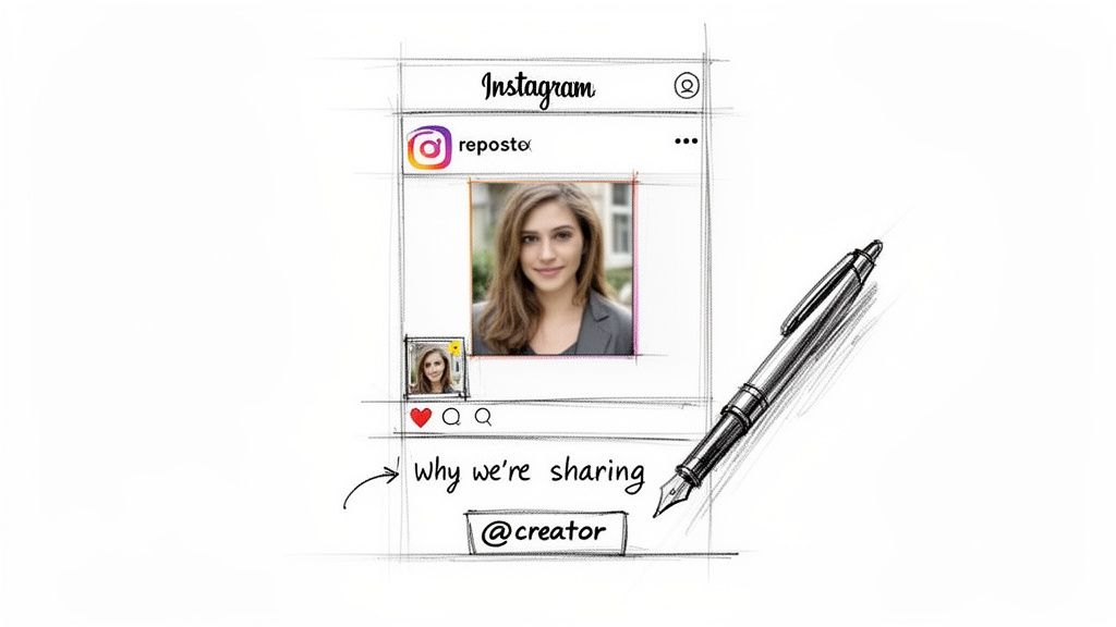 A hand-drawn Instagram post sketch shows a reposted image of a woman, emphasizing creator credit with text.