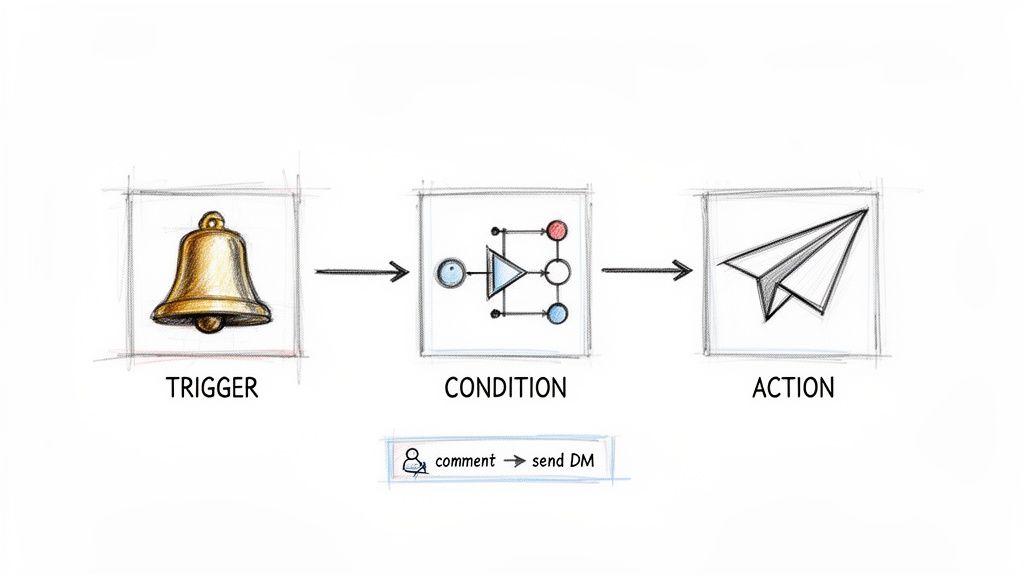 Hand-drawn workflow diagram: bell (trigger), logic gate (condition), paper plane (action). Example: comment to send DM.