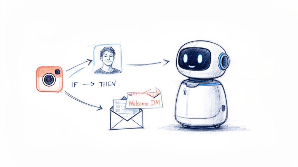 A sketch illustrating social media marketing automation: Instagram activity triggers a welcome DM from a friendly chatbot.