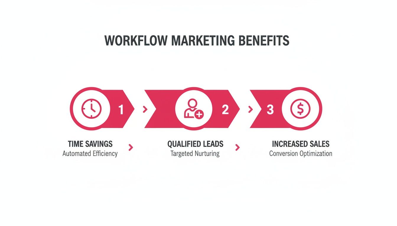 A visual showing workflow marketing benefits: time savings, qualified leads, and increased sales.